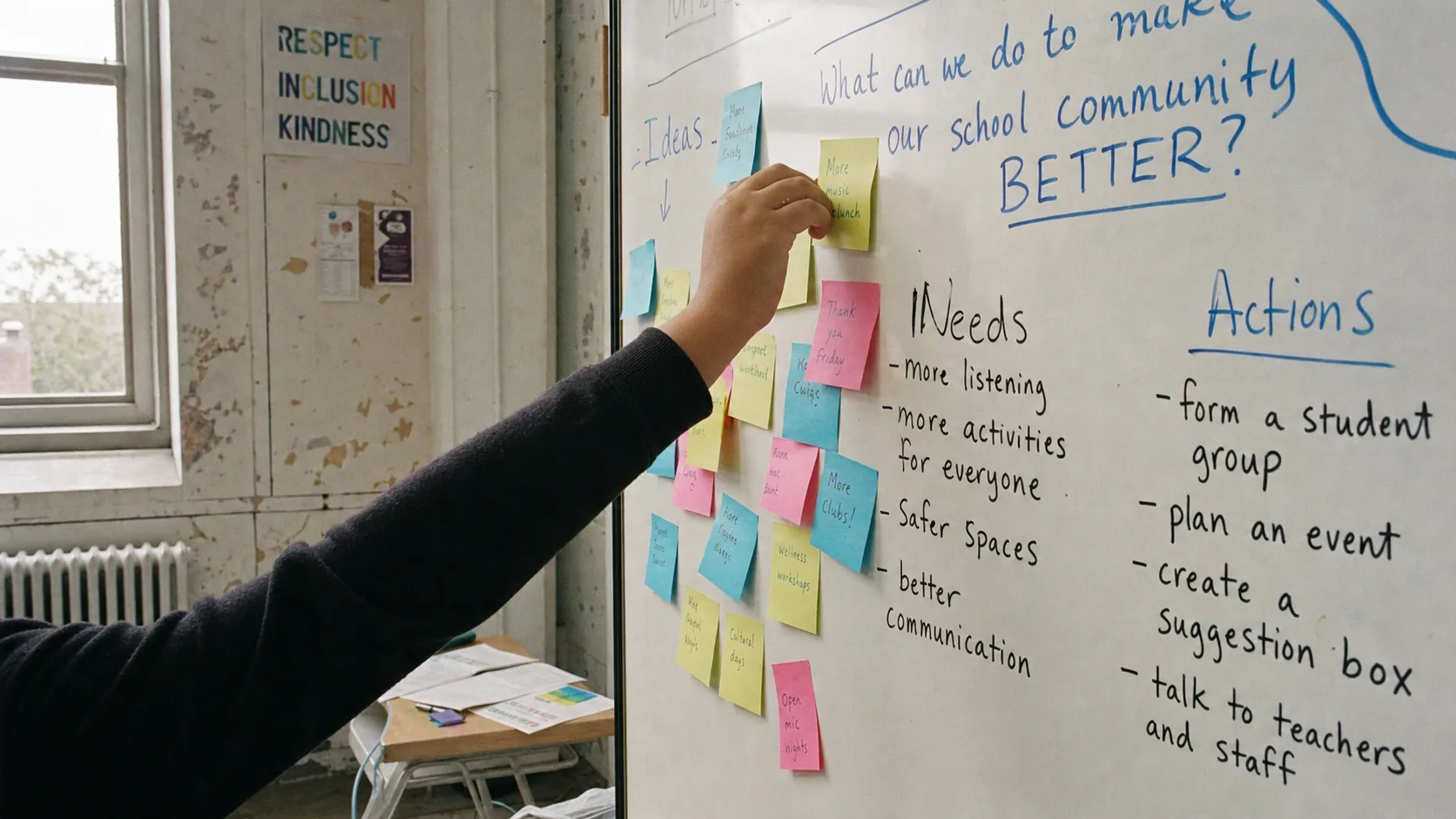 A whiteboard covered in handwritten notes and coloured sticky notes, an arm reaching up to add another, cropped at the shoulder.