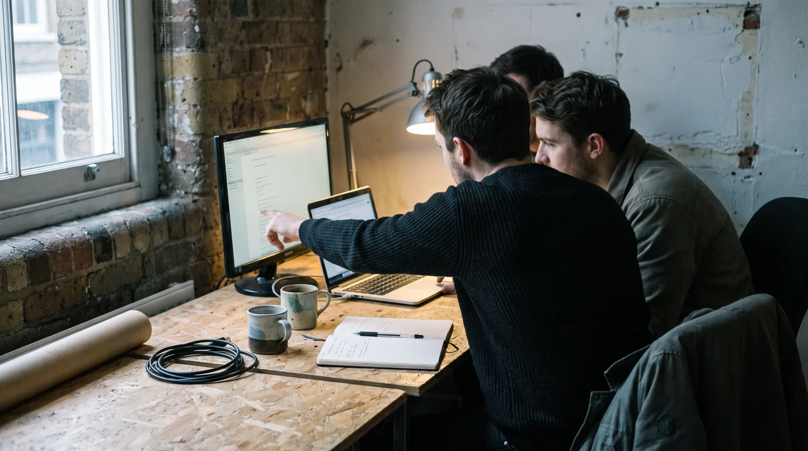 Three colleagues at a shared studio desk, one pointing at a monitor while another works on a laptop, notebook and mugs on the table.