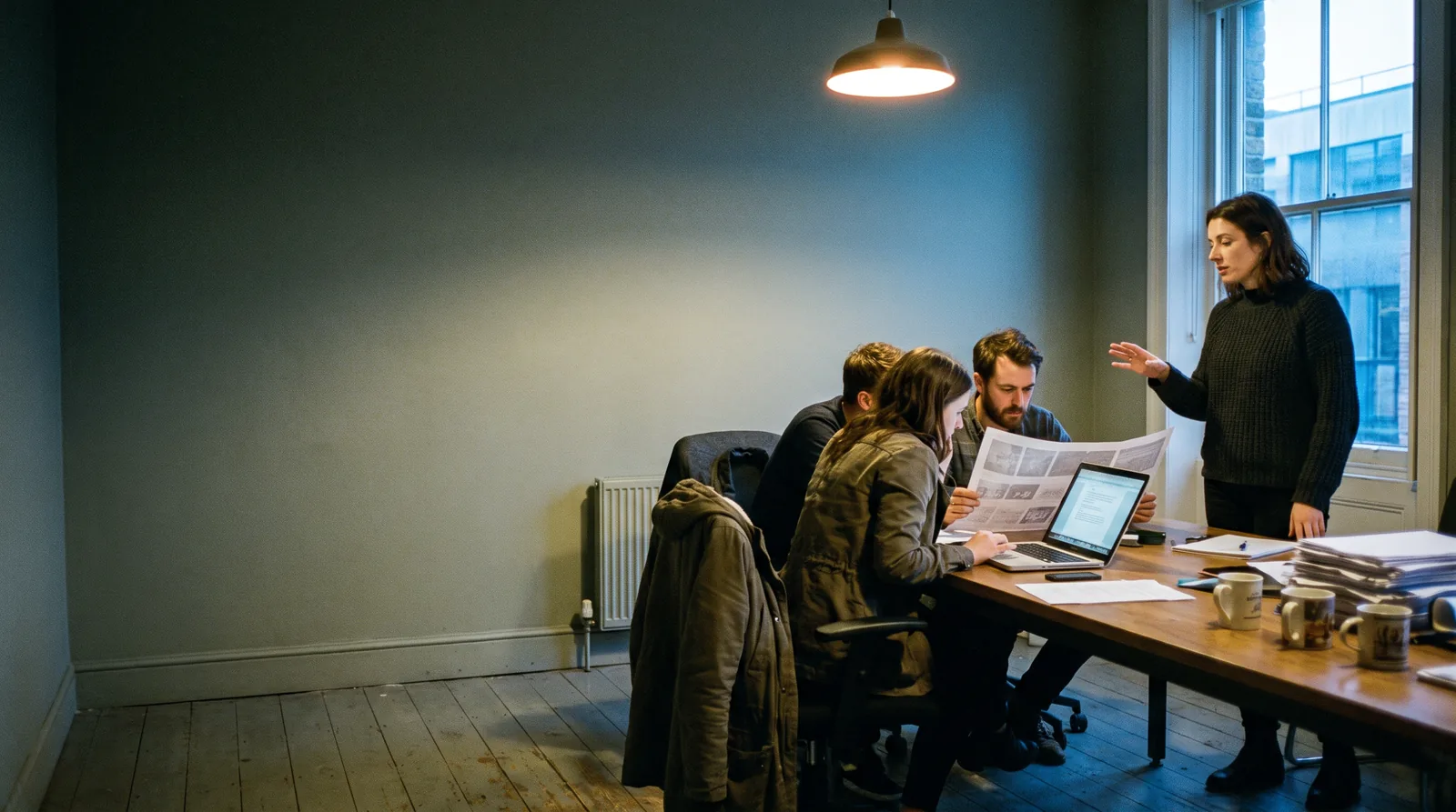 A working session in a plain London studio at dusk: one person standing at the end of a long desk explaining a printed layout while two colleagues review it on a laptop.