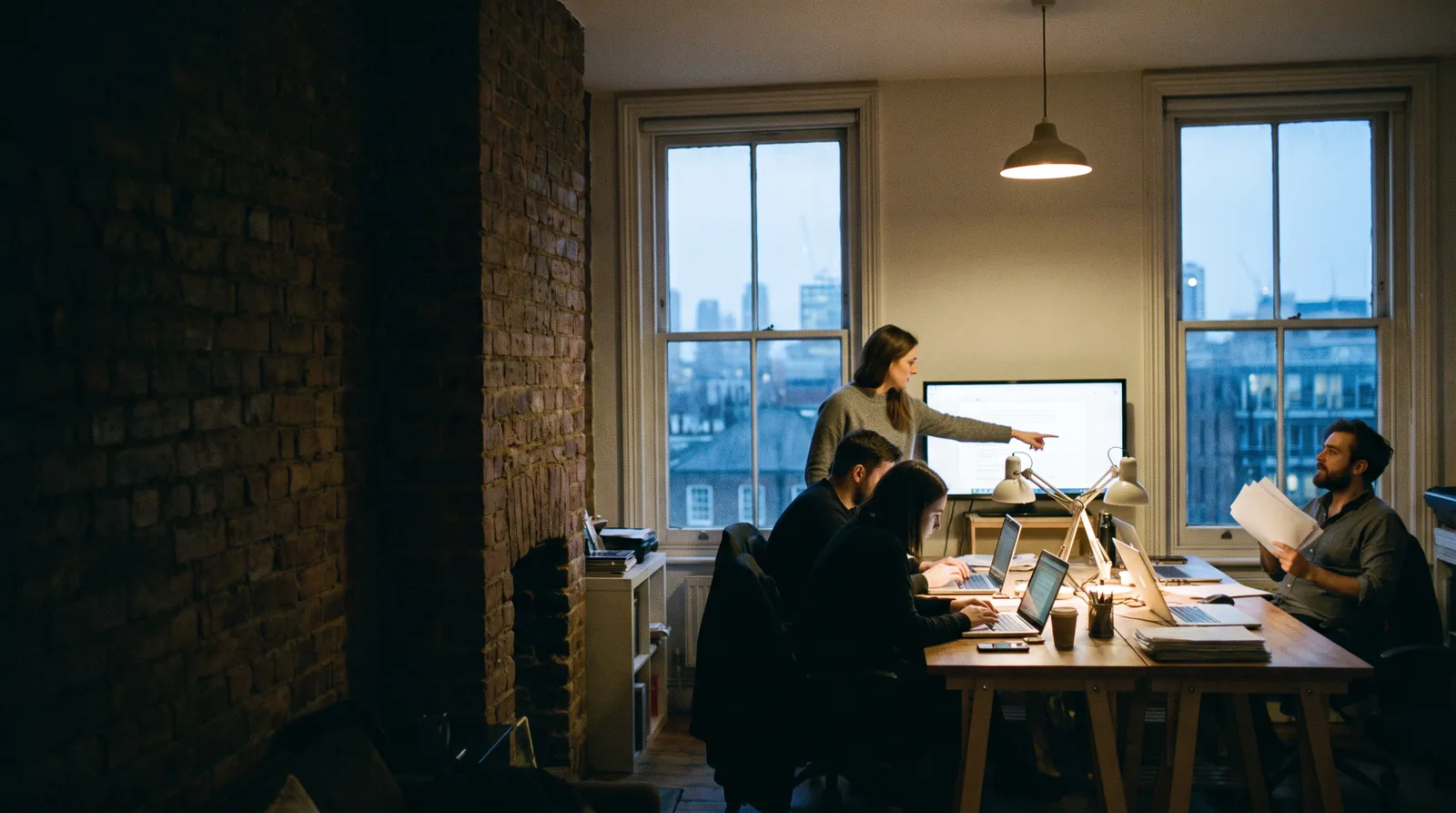 Four colleagues working at a shared desk in a small London studio at dusk, one standing to explain something on a monitor while the others work at laptops.