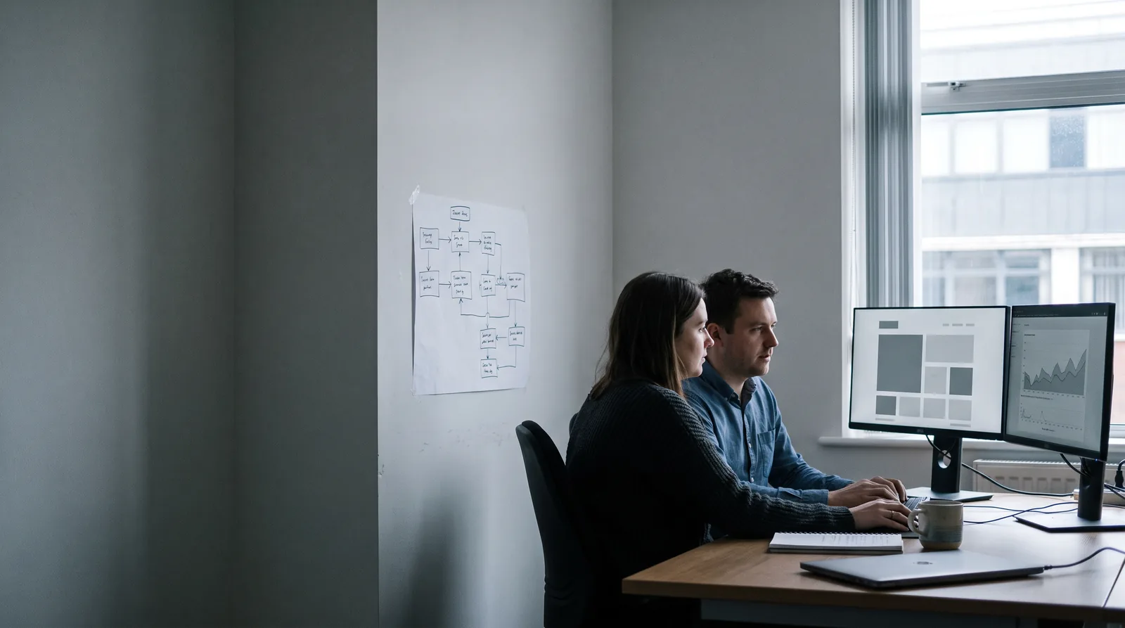 A tidy British office in the morning: two colleagues at a desk with dual monitors showing plain dashboard and chart blocks, a printed process diagram of boxes and arrows pinned to the wall beside them.