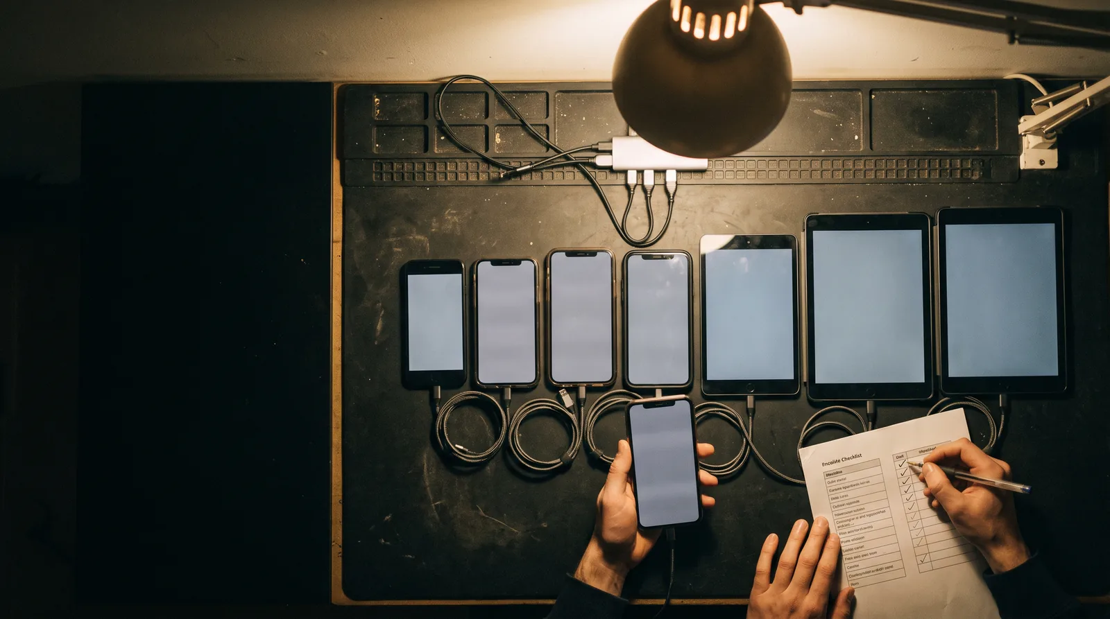 A device test bench from above: six phones and two tablets of different sizes in a row on a dark mat, each on a USB cable, with two hands checking one device against a printed checklist.