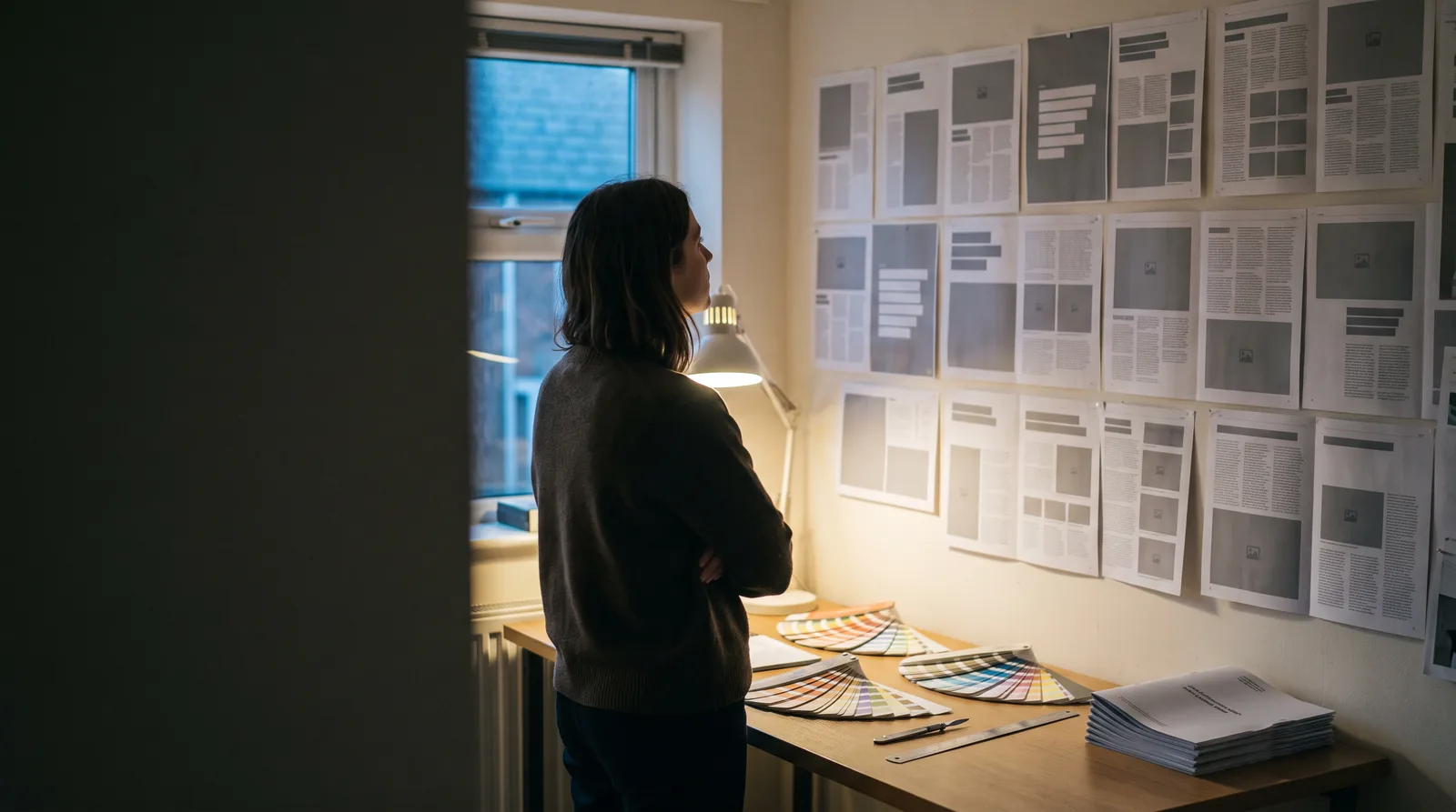 A studio wall covered with pinned printed page layouts and poster proofs shown as abstract grey blocks, with colour swatch fans and a stack of booklets on the table below and a designer standing back to study it.