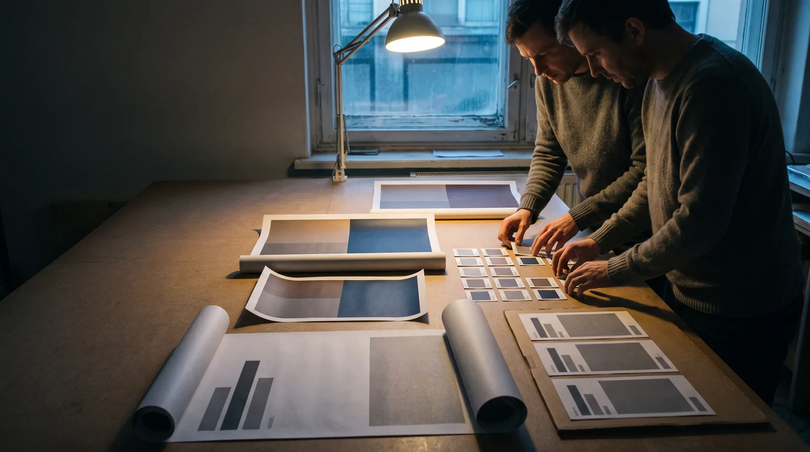 A studio table in the evening with a campaign laid out flat: poster proofs at three sizes, a grid of small printed social crops and rolls of large-format print, with two people arranging them.