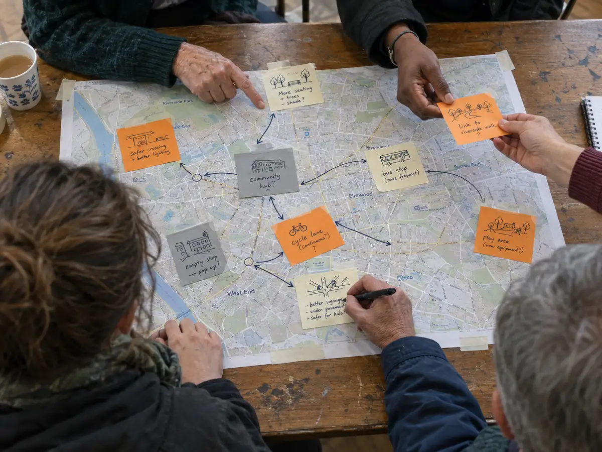 Hands place handwritten concern, resource and idea cards on a large local map during a community session.