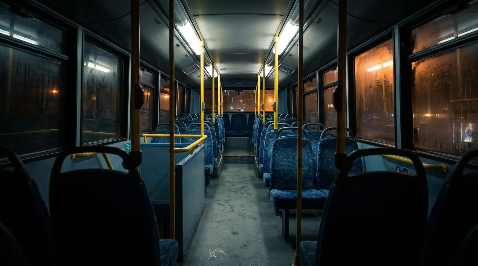 The empty interior of a London bus at night, windows misted, streetlights outside.