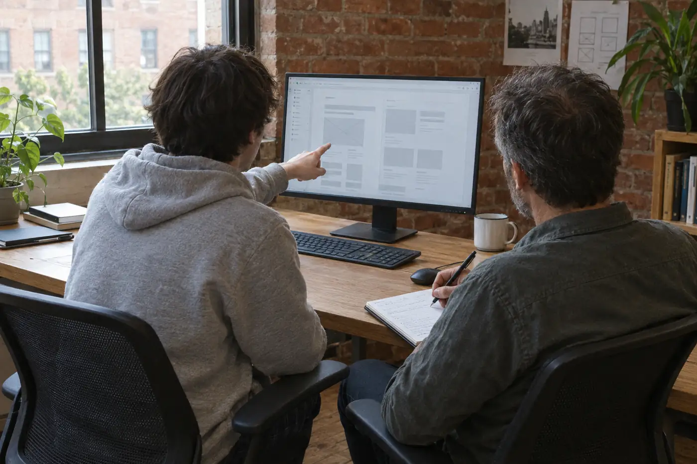 A young person points at a screen while an older colleague takes notes beside them.