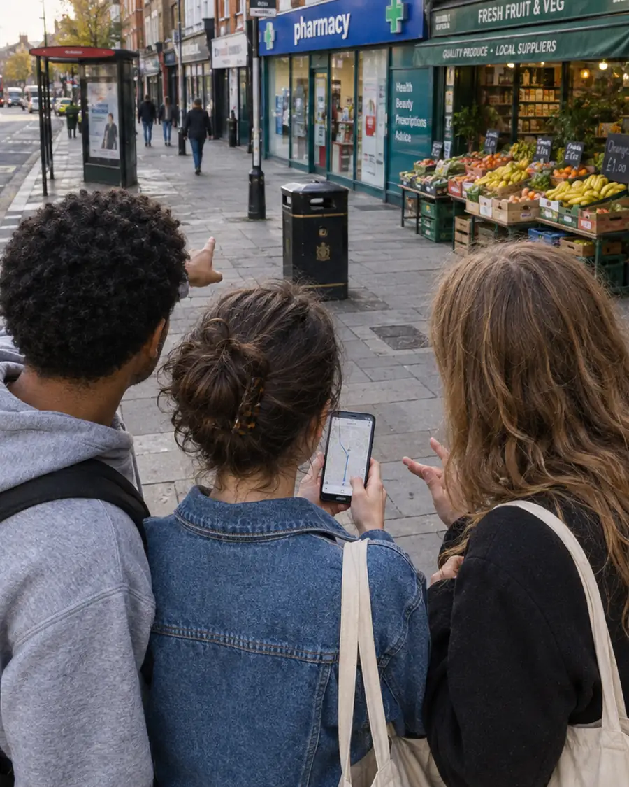 Three young people look at a phone together on an ordinary London high street.